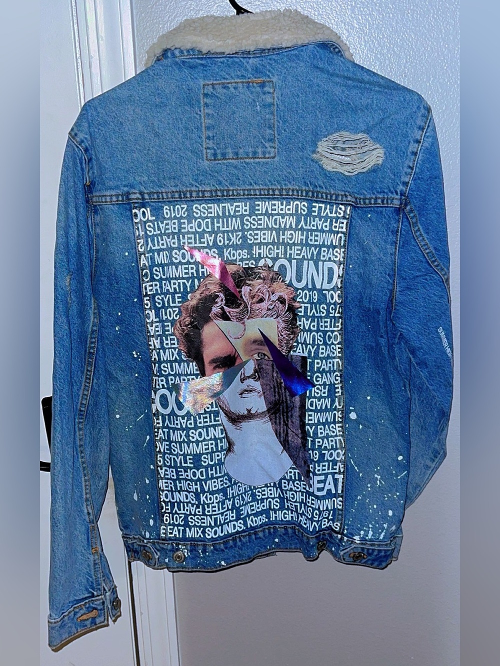 Custom Graphic Distressed Blue Denim Jacket with Sherpa Collar